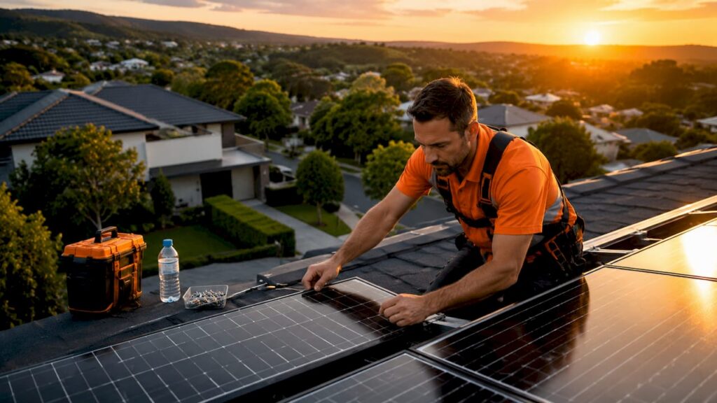 Technician installing solar panels on rooftop