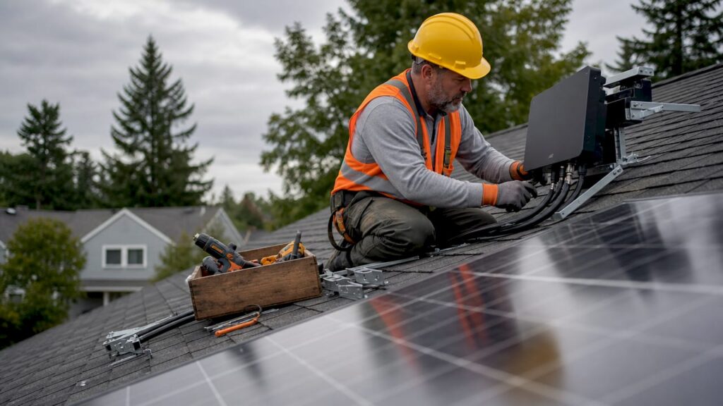 Technician installing solar inverter on rooftop