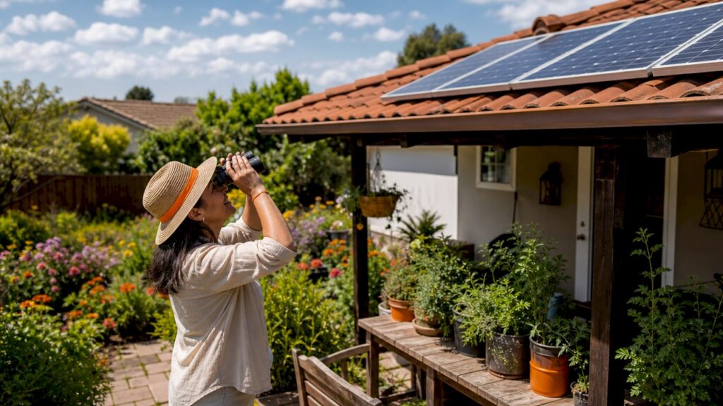 Homeowner inspecting rooftop solar panels