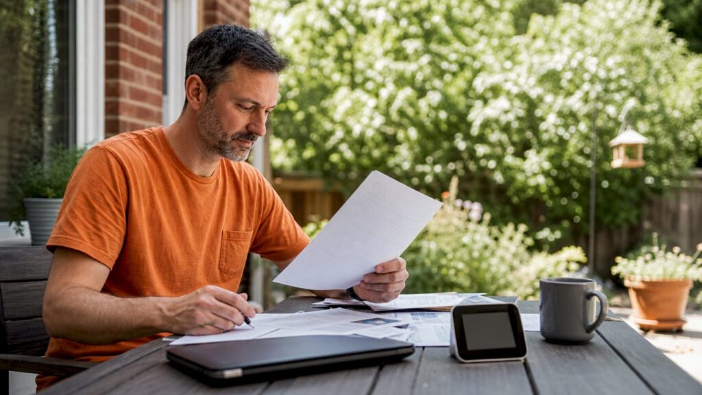 Homeowner reviewing solar energy audit report at kitchen table