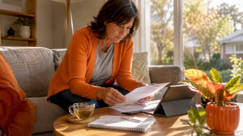 Homeowner reviewing energy bills at kitchen table