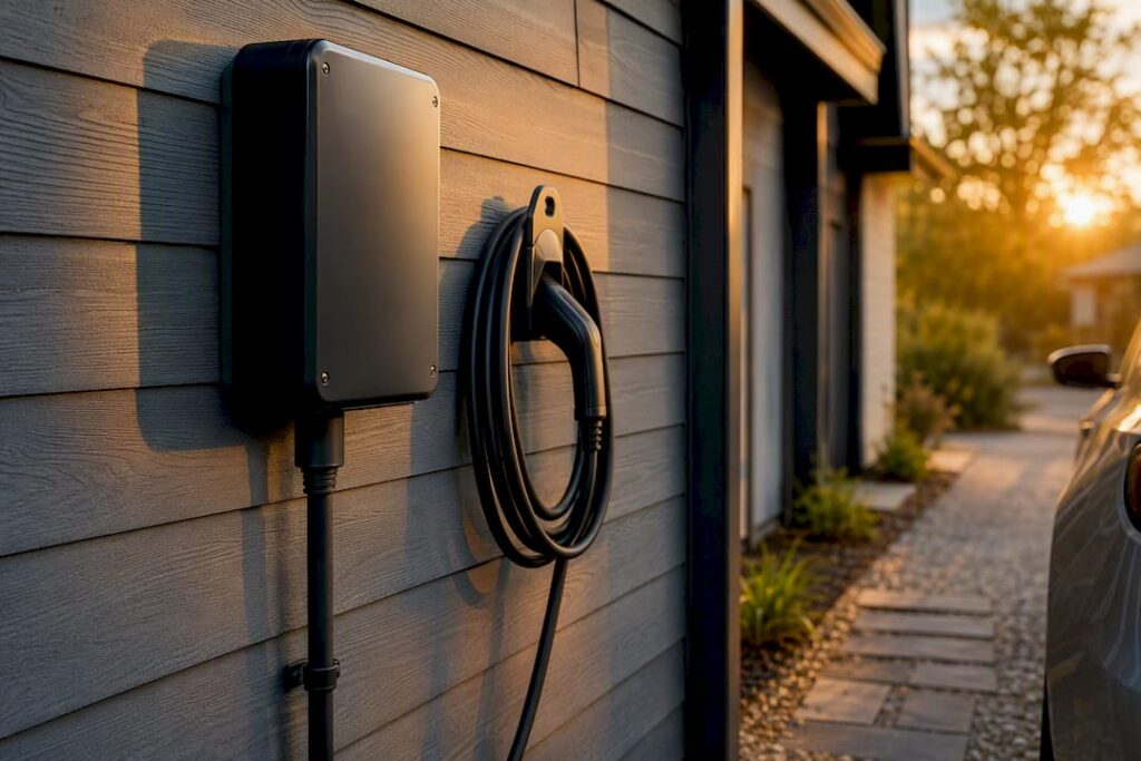 Outdoor EV charger weatherproof installation close-up