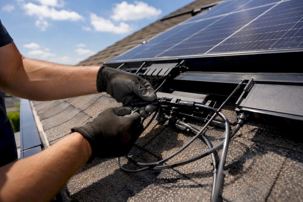 Technician wiring microinverter on solar panel