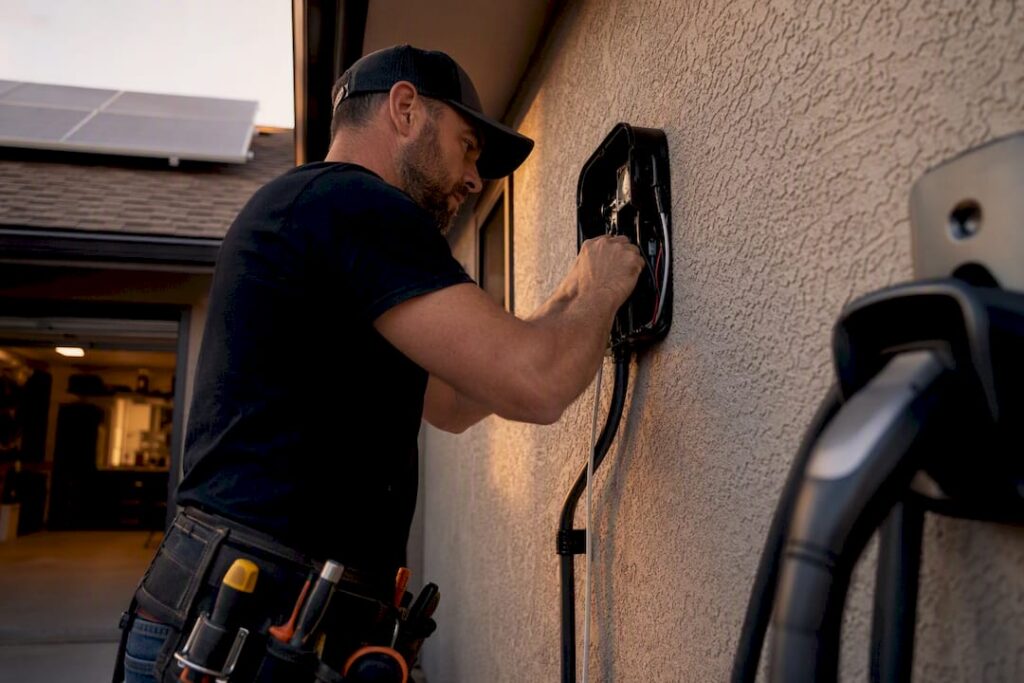 Electrician wiring EV charger outdoors