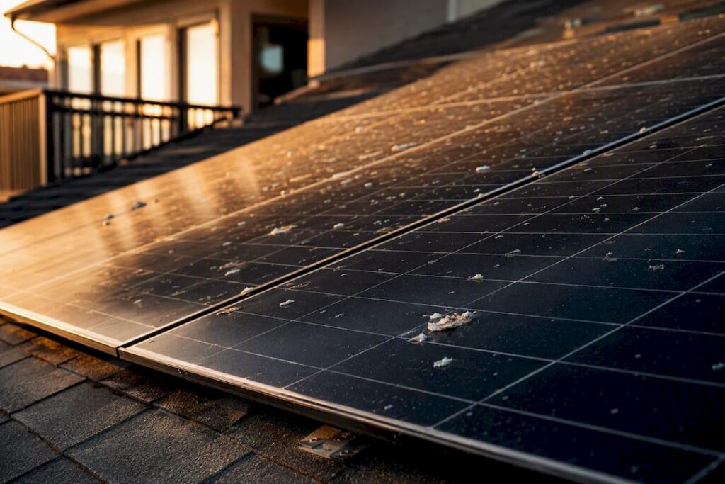 Solar panels with visible bird droppings on rooftop