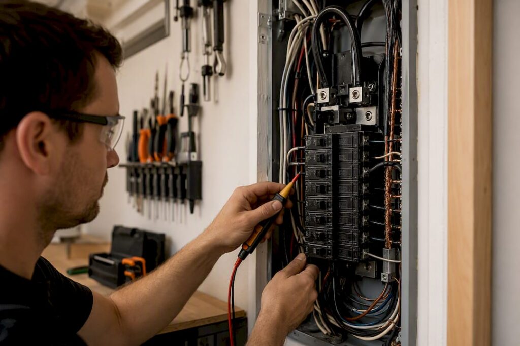 Electrician testing residential electrical panel