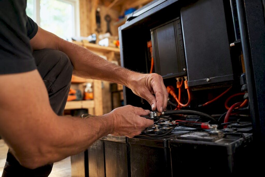 Electrician hands connecting well pump battery backup