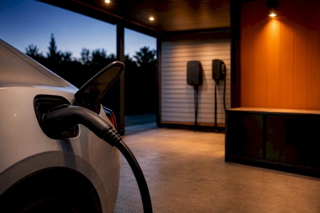 Home EV charging setup at dusk