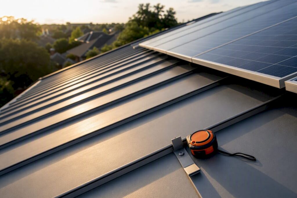 Standing seam roof with cropped solar panel edge