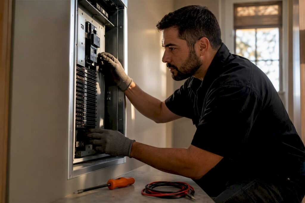 Electrician inspecting an open residential breaker panel