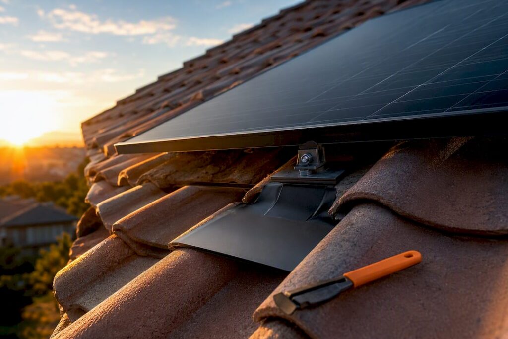 Tile roof solar panel flashing detail