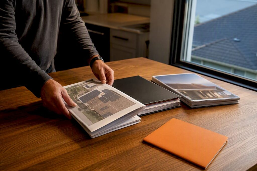 Homeowner organizing solar approval documents