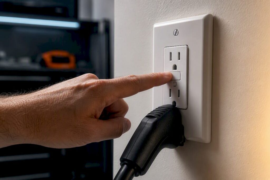 Hand resetting GFCI outlet beside charging cord