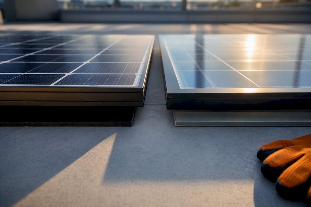 Close-up comparing solar panel rear surfaces