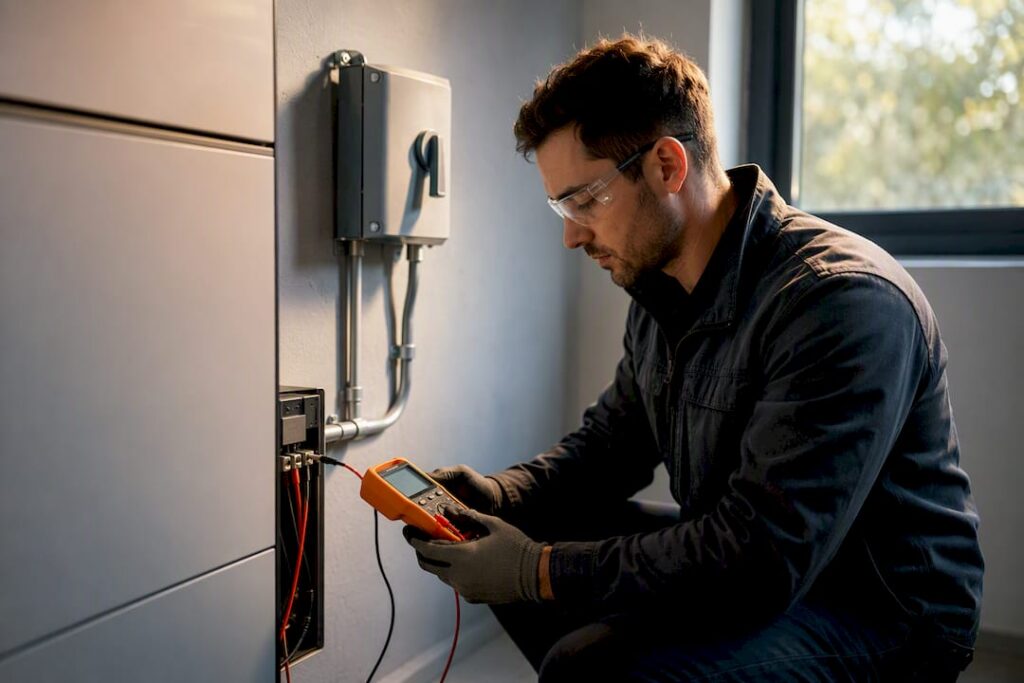 Installer verifying residential battery commissioning