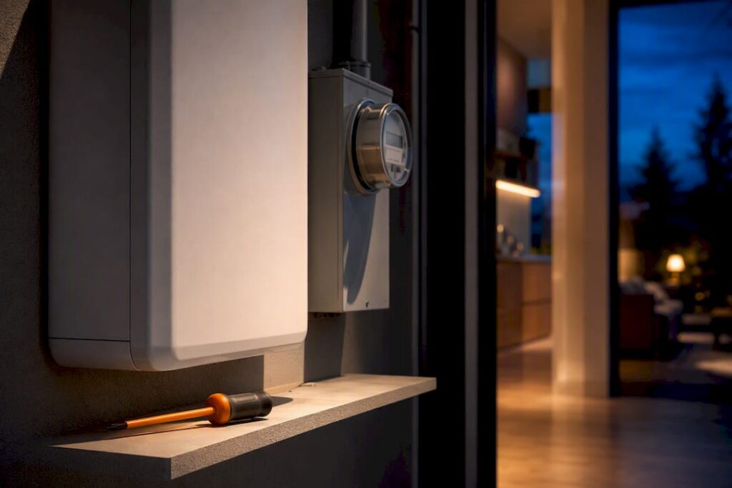 Anonymous home battery enclosure in electrical alcove