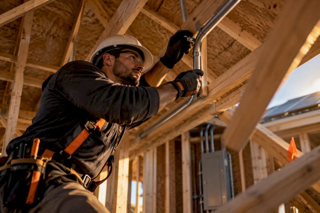Electrician preparing new home solar wiring