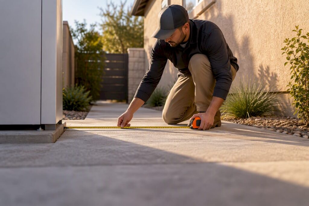 Installer measuring clearance beside home battery