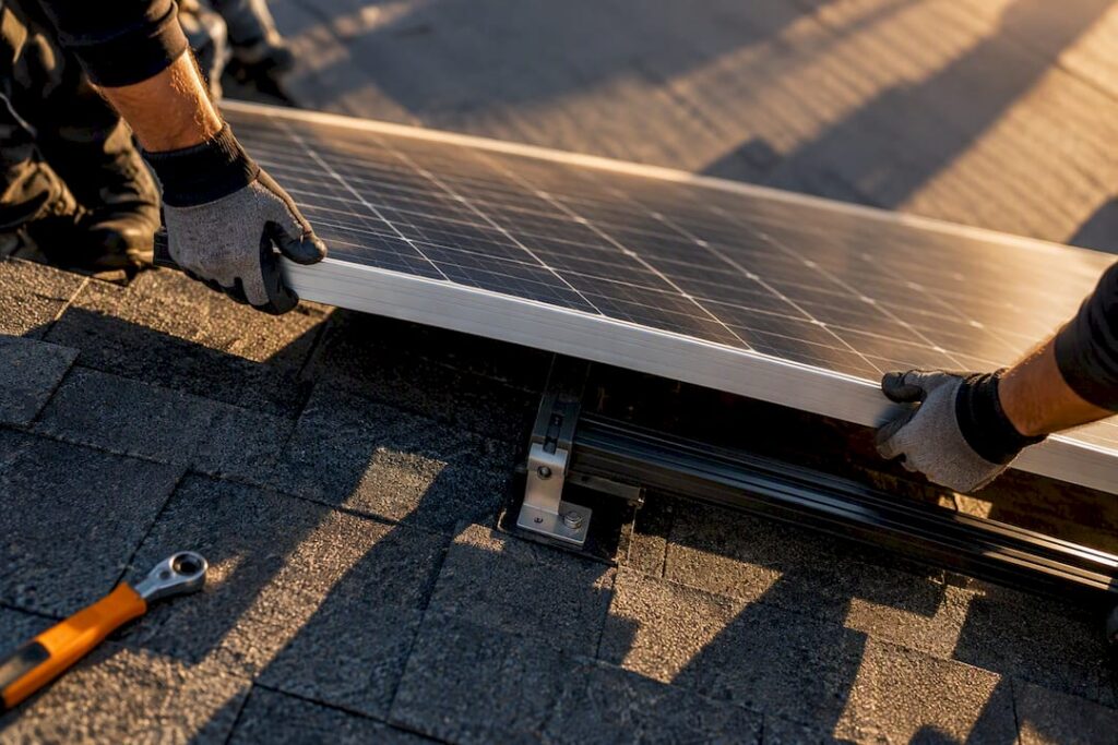 Technicians lifting a solar panel edge