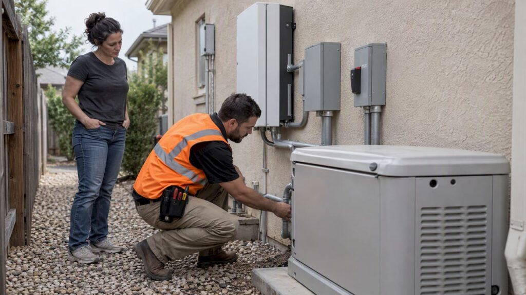 Electrician inspecting integrated generator and battery system