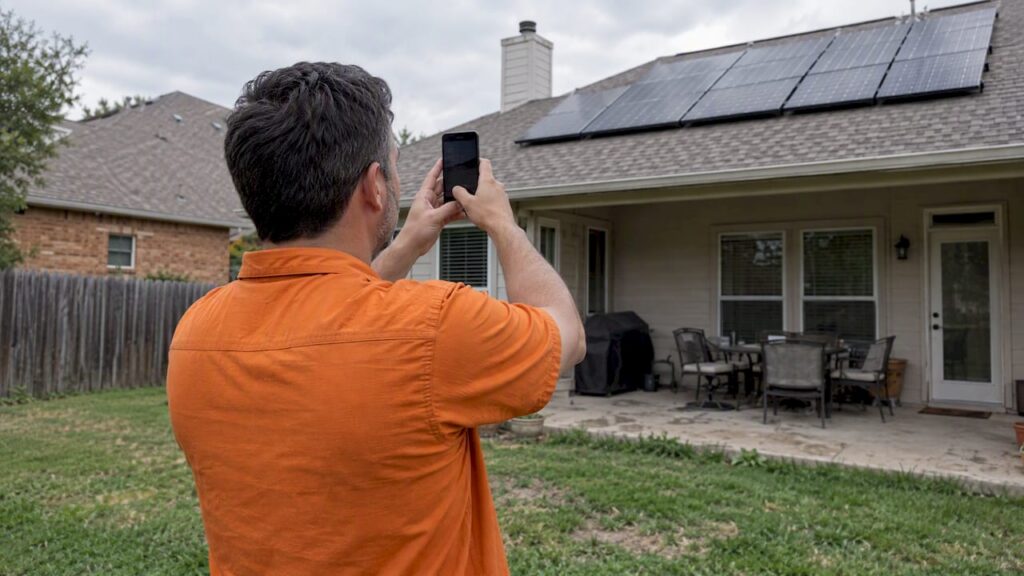 Homeowner photographing rooftop solar panels for records