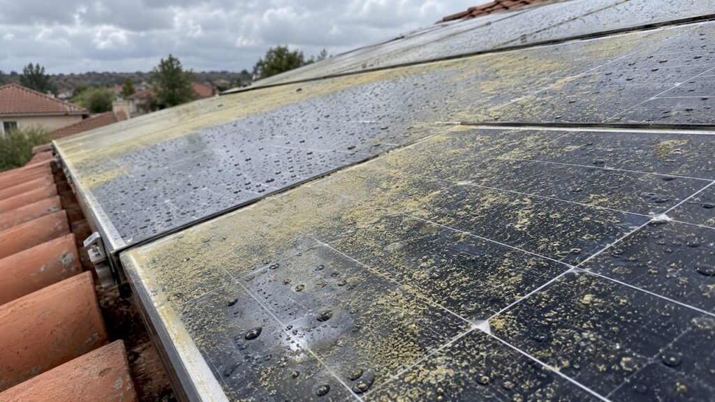 Pollen residue remains on wet solar panels