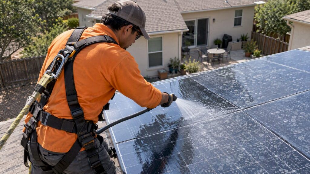 Technician rinsing hard-water spots from a solar panel