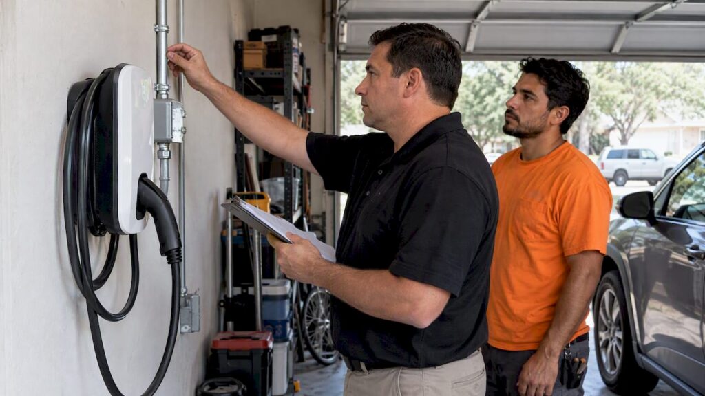 Inspector examining a home EV charger installation