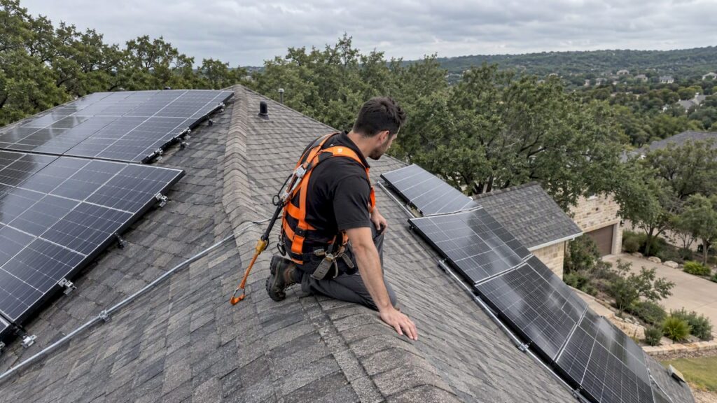 Installer comparing solar arrays on roof