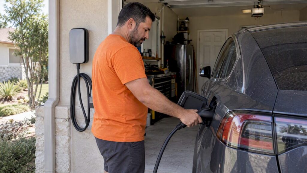 Homeowner plugging in an outdoor EV charger