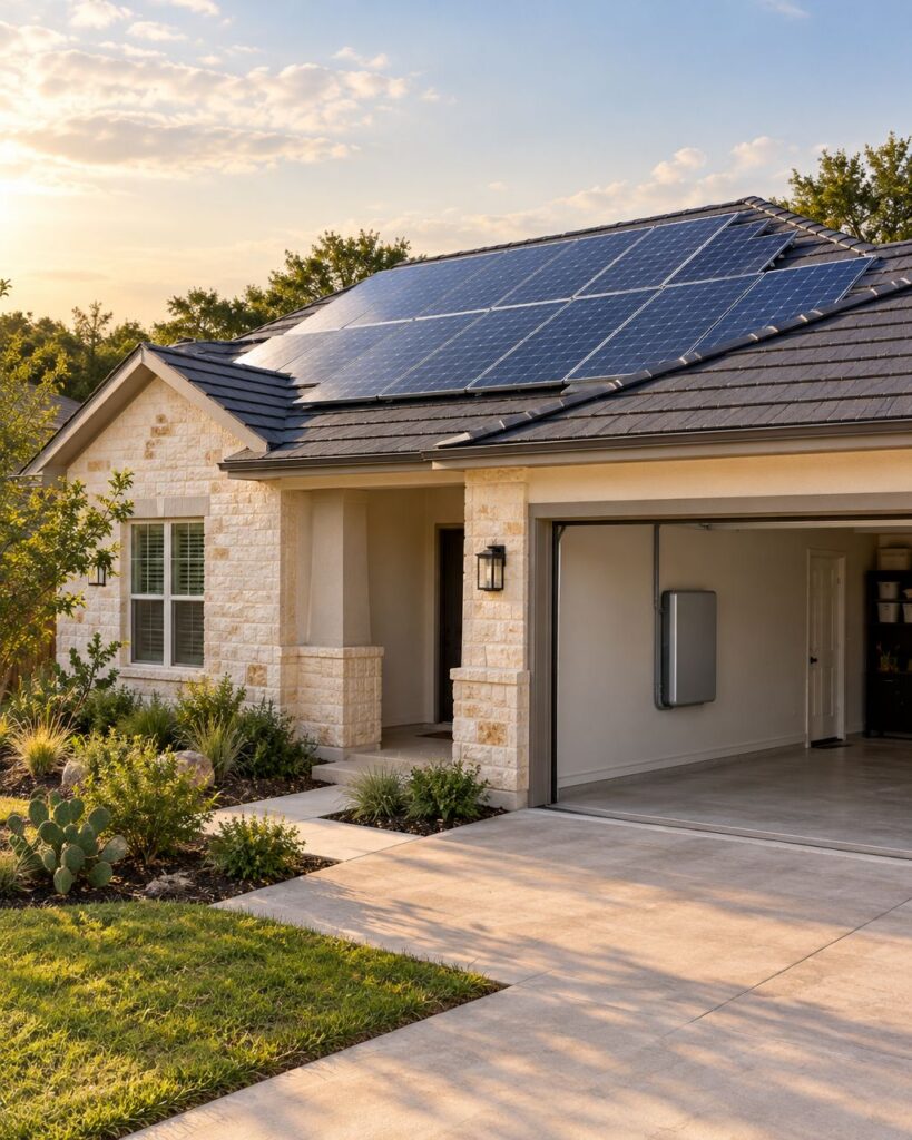 Illustrative San Antonio-style home with rooftop solar panels and an enclosed battery in the garage
